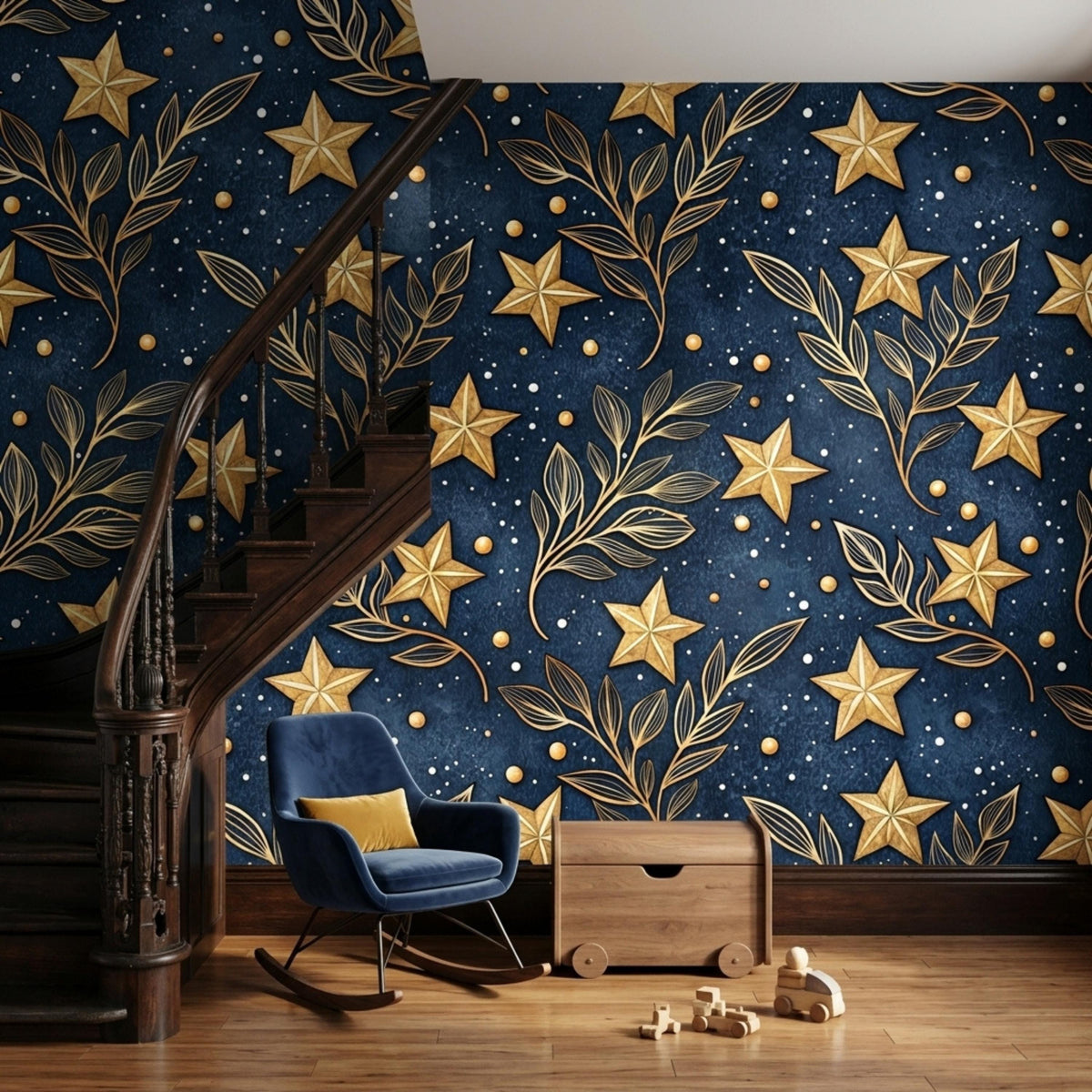 A blue rocking chair and wooden storage box are positioned against a wall covered in dark navy wallpaper with gold stars and branches.