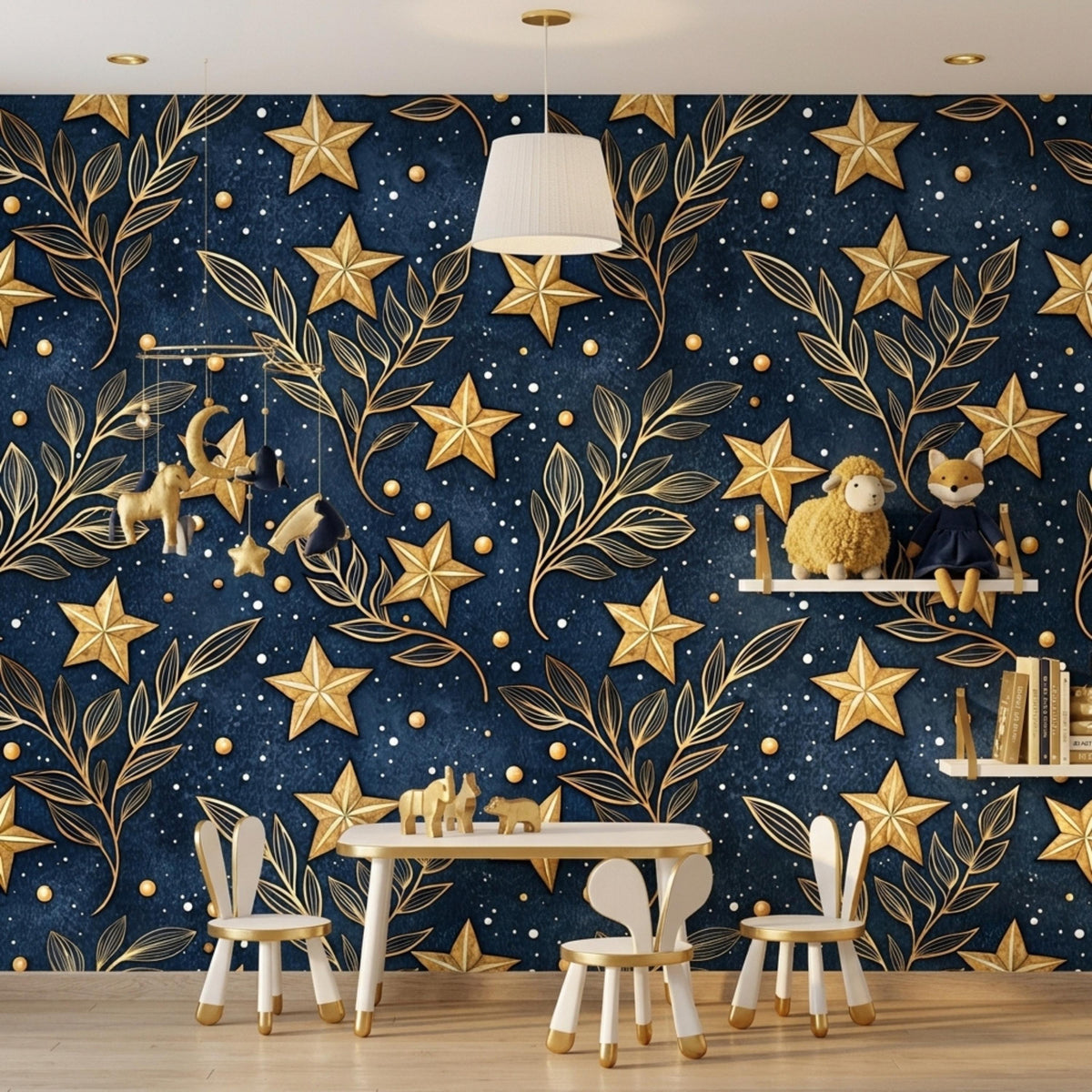 A children's table and chairs are set against a dark blue starry wallpaper with gold botanical illustrations.
