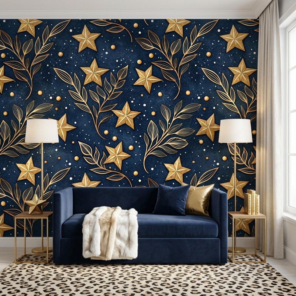 A blue velvet sofa with a throw blanket sits in front of a navy and gold star botanical wallpaper with matching side tables and lamps.