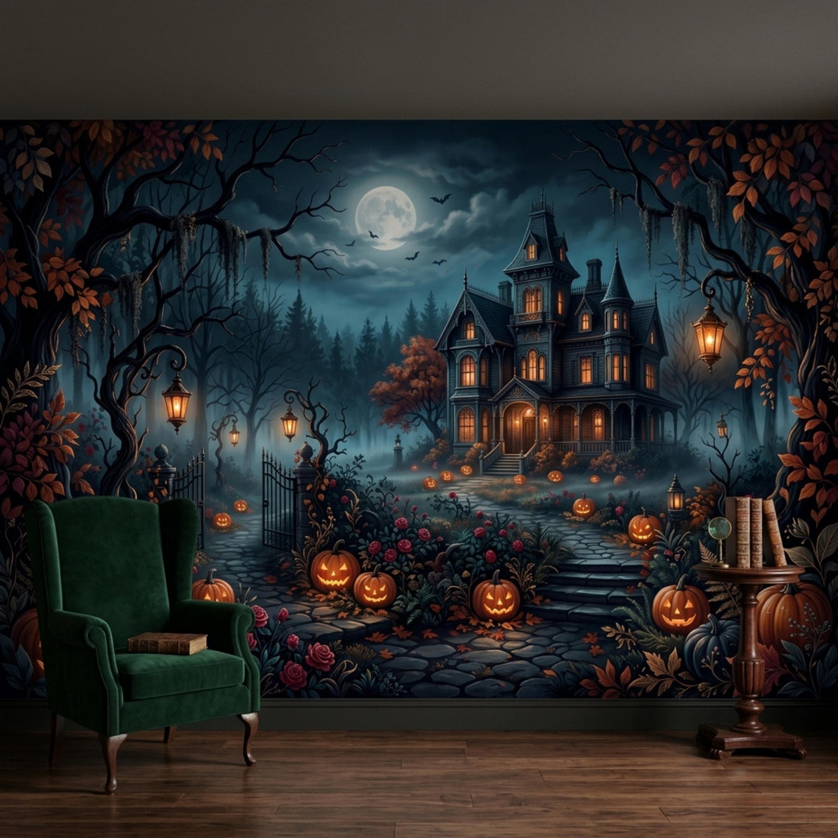 A dark Victorian wall mural with a spooky mansion under a full moon fills a room with a green armchair, a wooden table, and carved pumpkins glowing along a stone path.