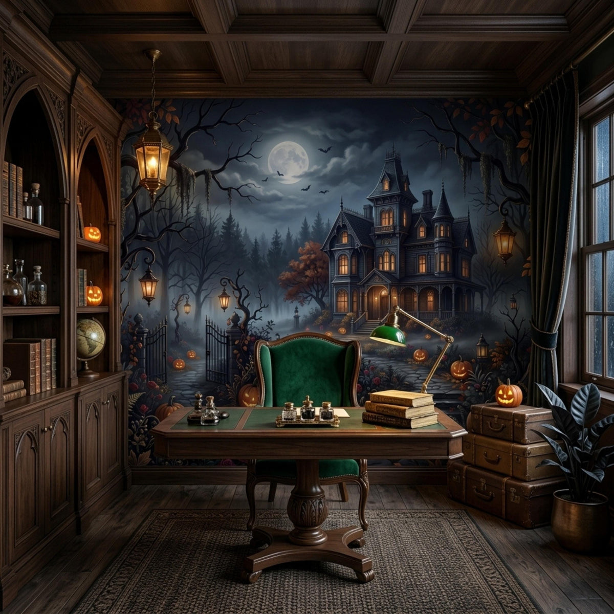 A dark wooden study features built-in bookshelves, a green velvet desk chair, a desk lamp, and a spooky haunted house wall mural illuminated by a full moon.