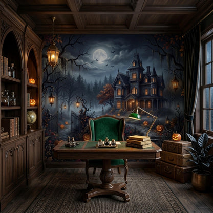 A dark wooden study features built-in bookshelves, a green velvet desk chair, a desk lamp, and a spooky haunted house wall mural illuminated by a full moon.