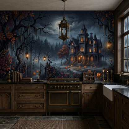 A rustic kitchen with dark wooden cabinets features a haunted house wall mural with glowing jack o lanterns and a lit chandelier hanging above.