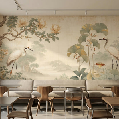 A commercial or dining space featuring multiple wooden tables and chairs set against a large vintage-style wall mural with cranes and botanical motifs.