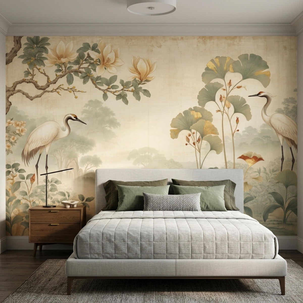 A bedroom featuring a white upholstered bed with green and beige pillows set against a wall covered in a vintage crane and floral mural.
