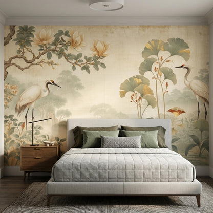 A bedroom featuring a white upholstered bed with green and beige pillows set against a wall covered in a vintage crane and floral mural.