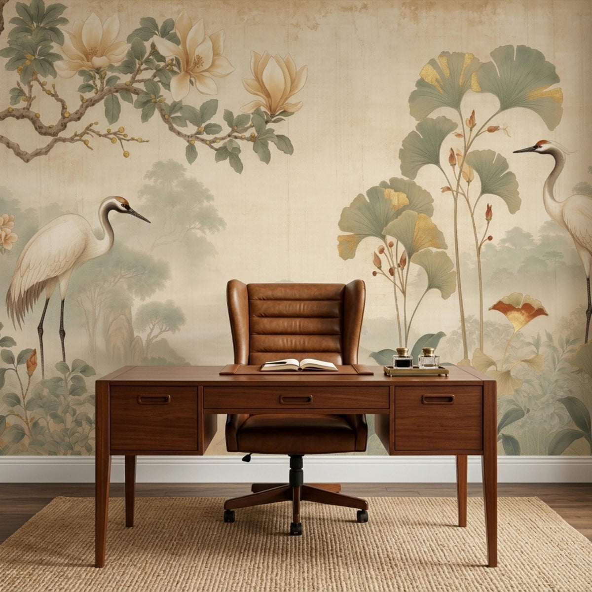 A home office setup with a brown leather executive chair and a wooden desk against a large vintage wall mural of cranes and botanical designs.