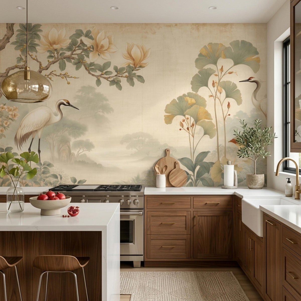 A kitchen with wooden cabinets and a white marble island in front of a large vintage wall mural depicting cranes, ginkgo leaves, and magnolia branches.