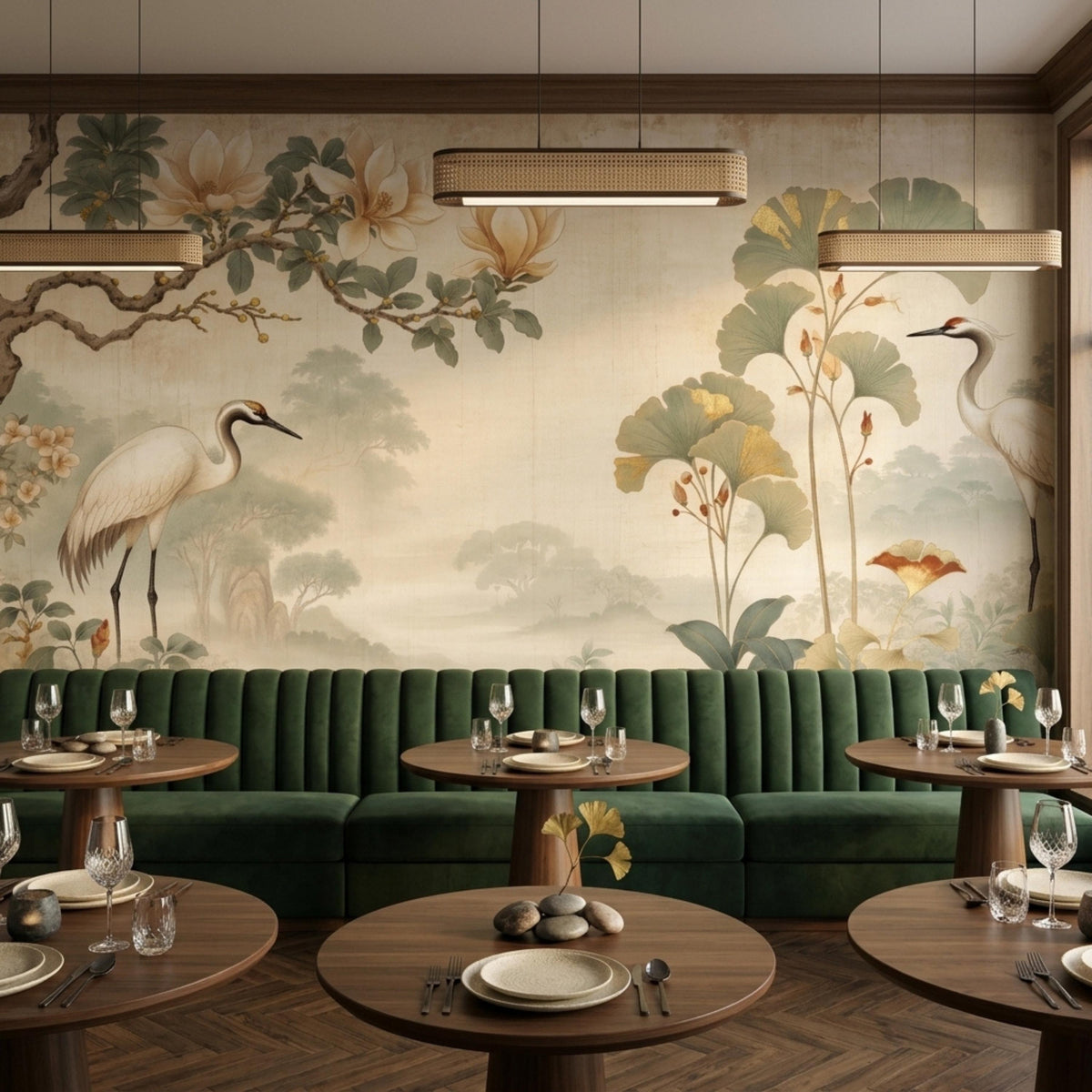 A restaurant dining room features a large Chinoiserie wallpaper mural with cranes, magnolia branches, and ginkgo leaves on the wall behind green tufted booth seating and round wooden tables.