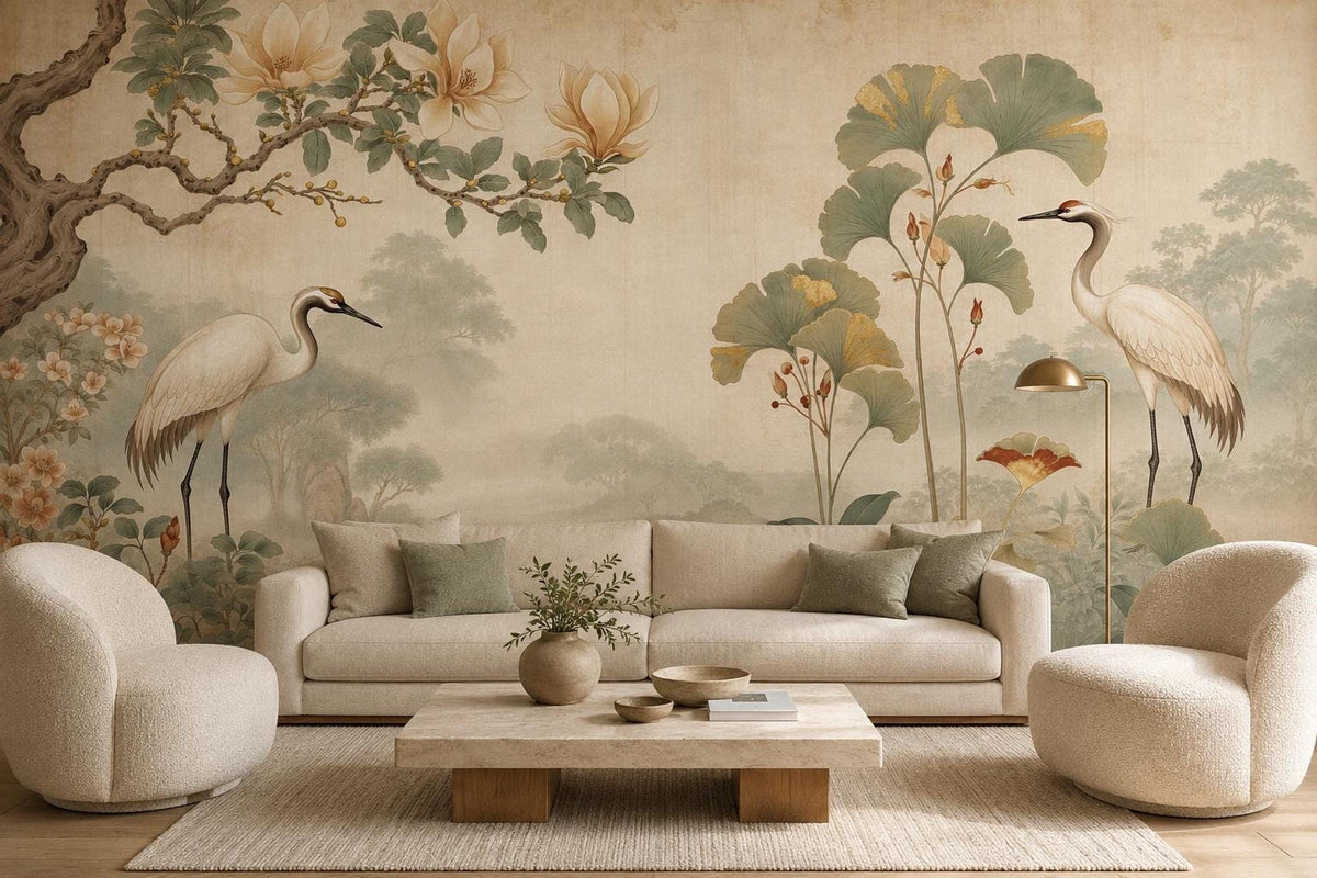A living room with a cream-colored sofa, two matching armchairs, and a large-scale vintage-style mural of cranes, magnolia branches, and ginkgo leaves on the wall.