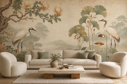 A living room with a cream-colored sofa, two matching armchairs, and a large-scale vintage-style mural of cranes, magnolia branches, and ginkgo leaves on the wall.