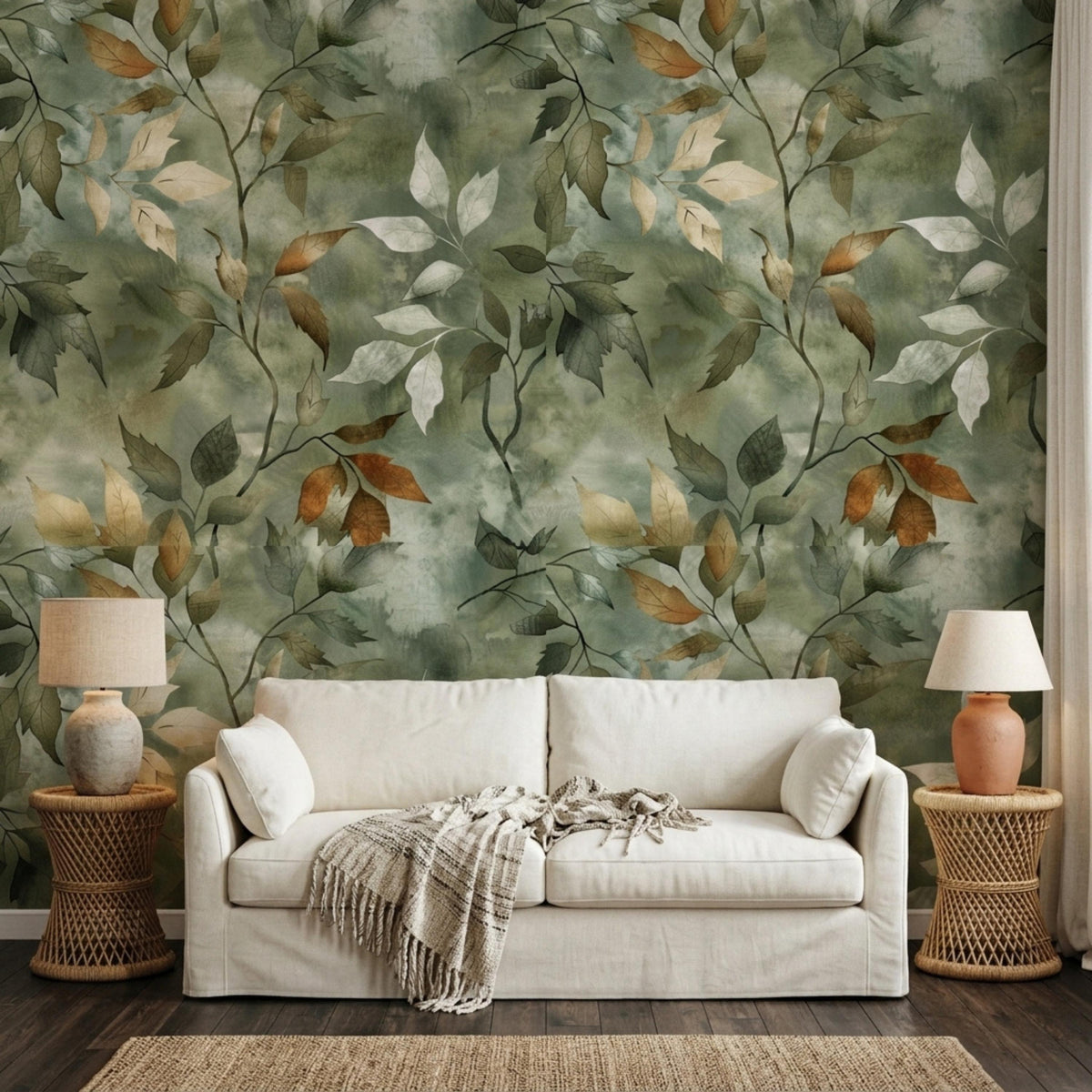 A sage green botanical wallpaper mural with watercolor leaves features a white sofa, two lamps, and a wooden table.