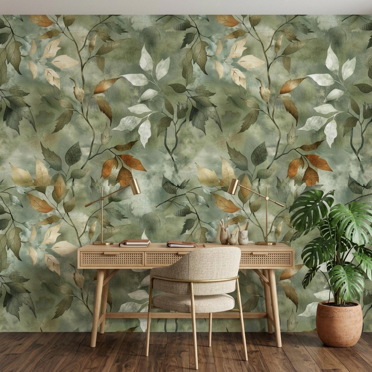 A wooden desk sits in front of a sage green botanical watercolor wallpaper with a potted monstera plant beside it.
