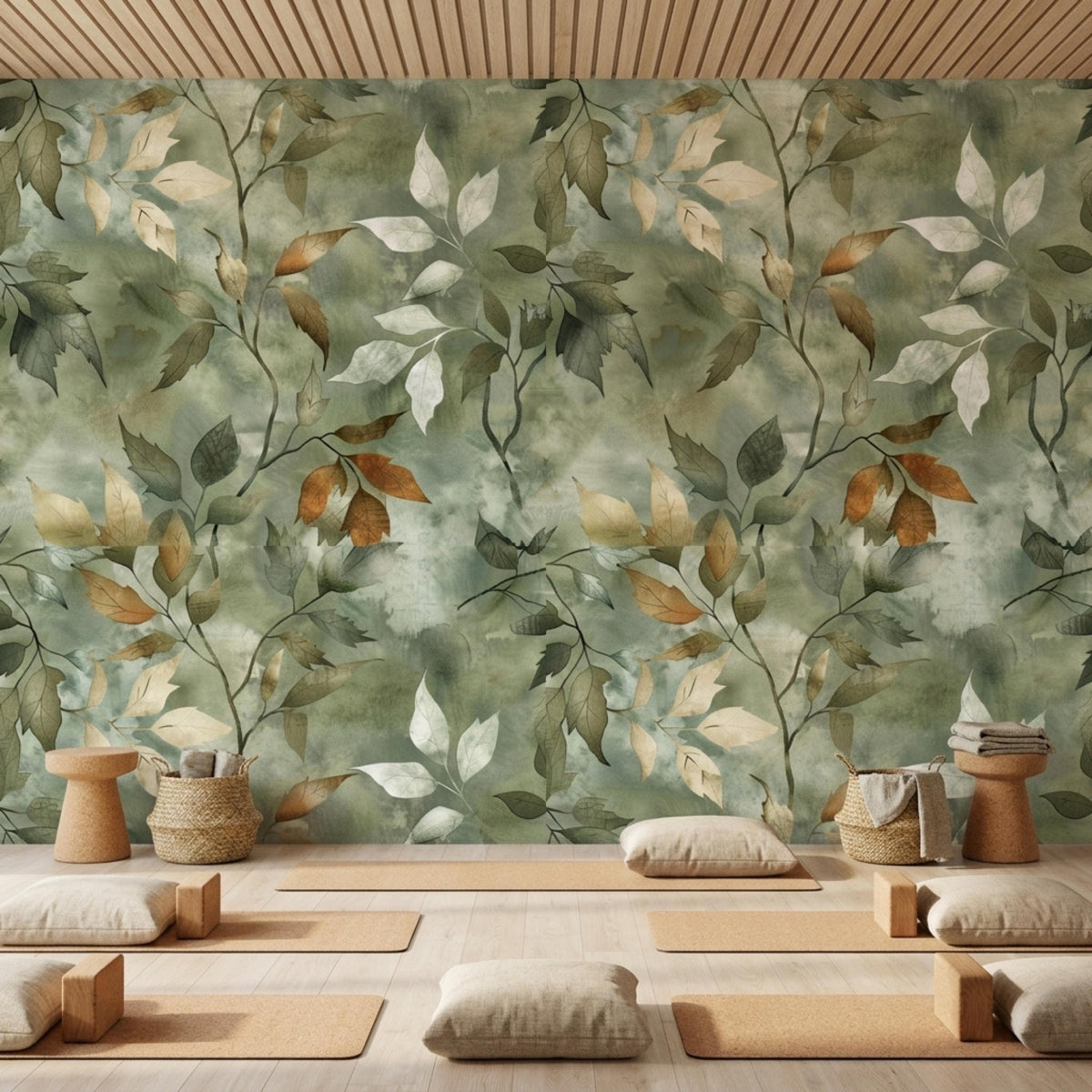 A room features a large sage green watercolor botanical wallpaper mural with muted leaf illustrations behind a yoga studio setup.
