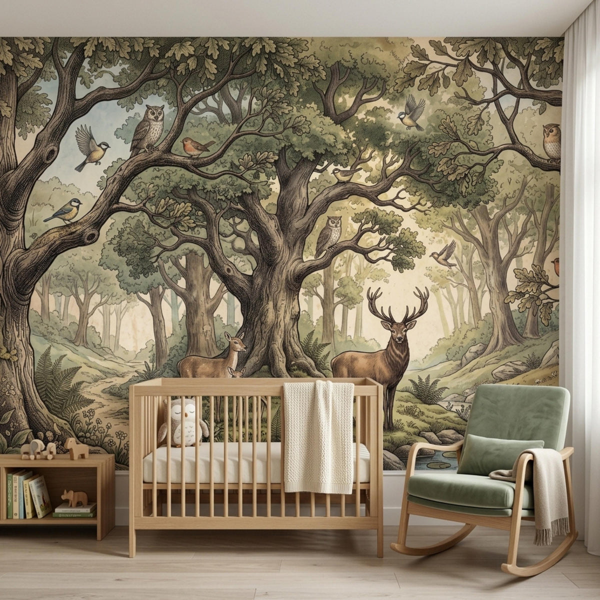 A nursery features a woodland forest wallpaper mural, a wooden crib, a small shelf, and a green rocking chair.