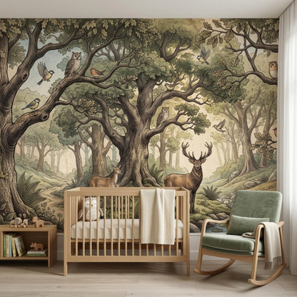 A nursery features a woodland forest wallpaper mural, a wooden crib, a small shelf, and a green rocking chair.