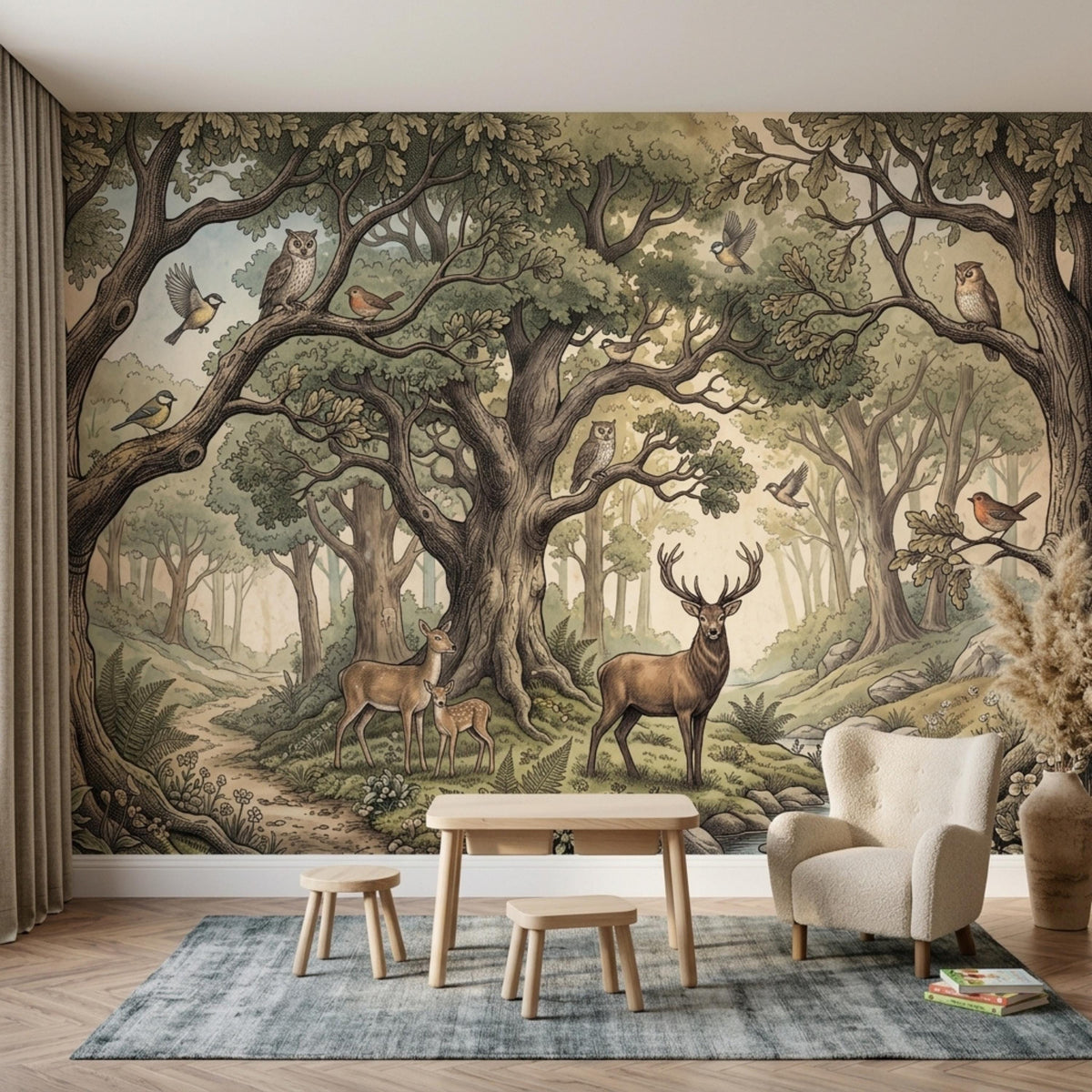 A woodland forest mural decorates the wall behind a small wooden table, two stools, and an armchair in a playroom.