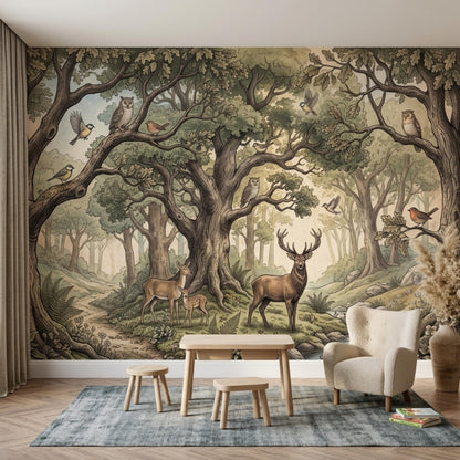 A woodland forest mural decorates the wall behind a small wooden table, two stools, and an armchair in a playroom.