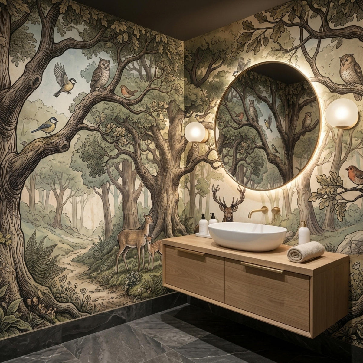 A bathroom features a woodland forest wallpaper, a round illuminated mirror, and a floating wooden vanity with a white sink.