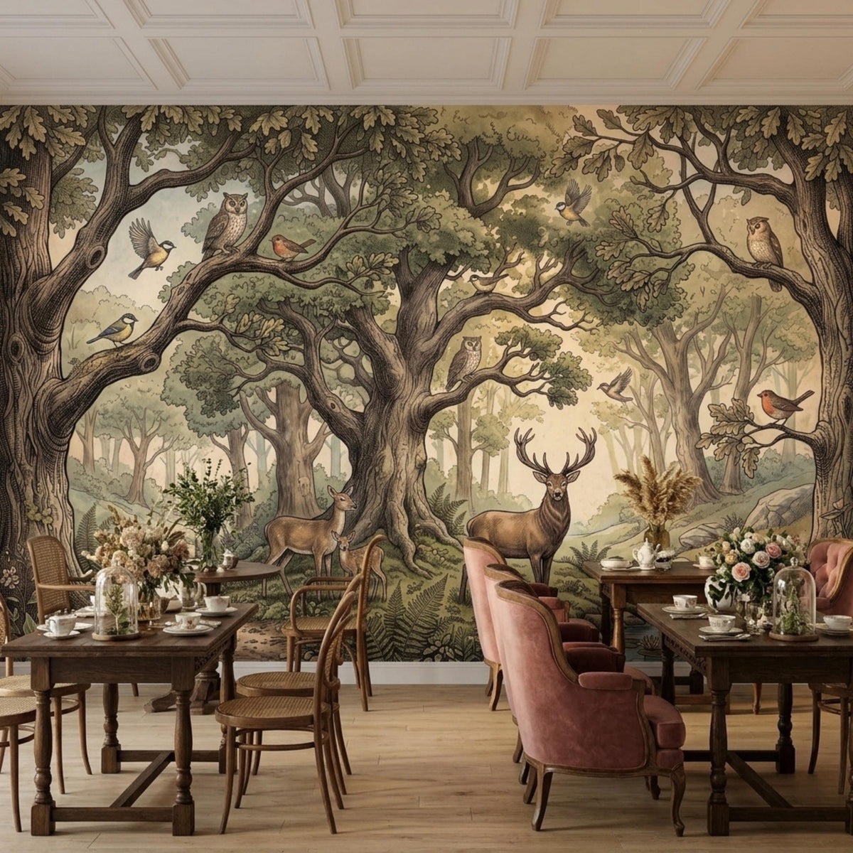 A restaurant or cafe features wooden dining tables and pink armchairs set against a large woodland forest wallpaper mural.
