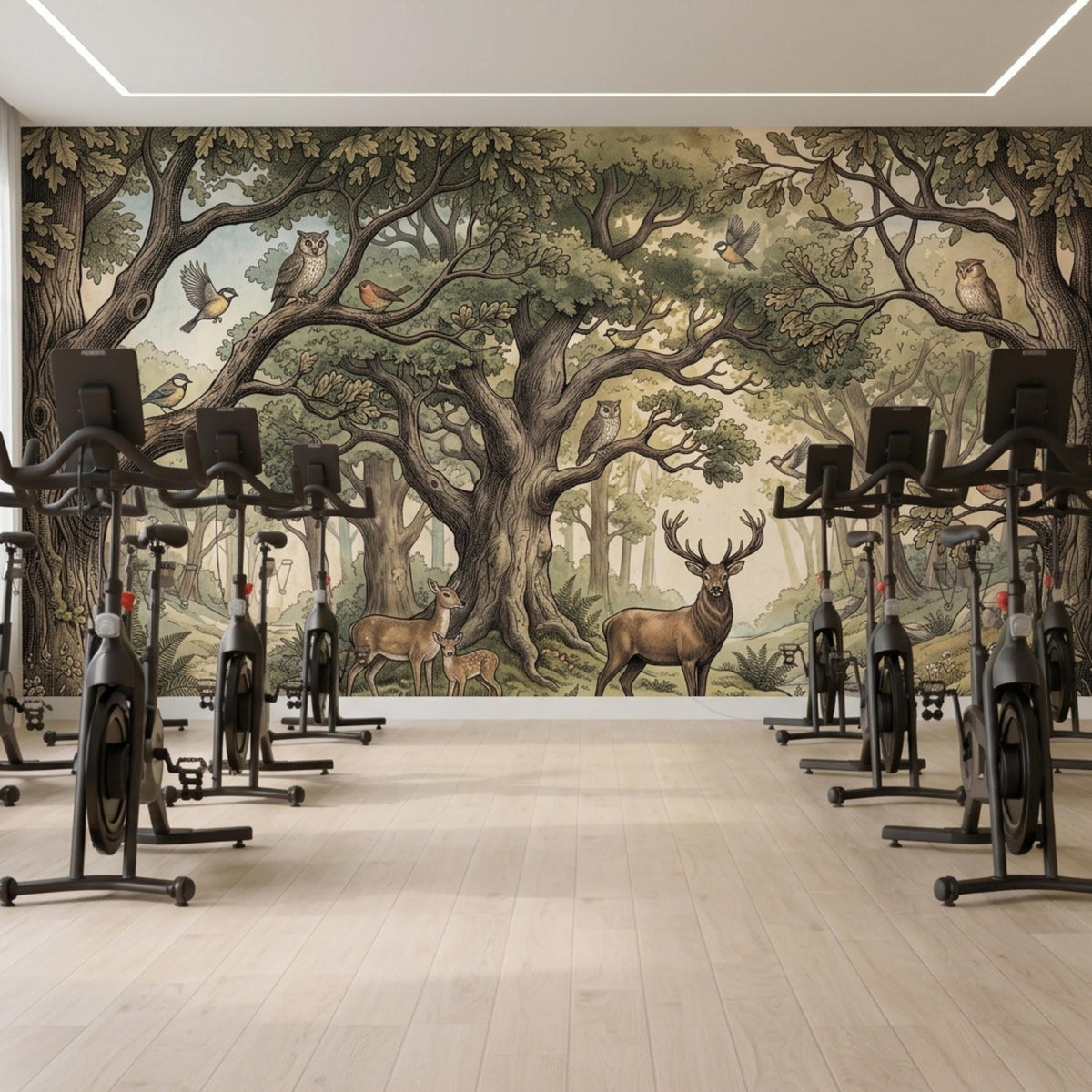 An indoor gym features rows of stationary exercise bikes facing a large vintage woodland forest wall mural.