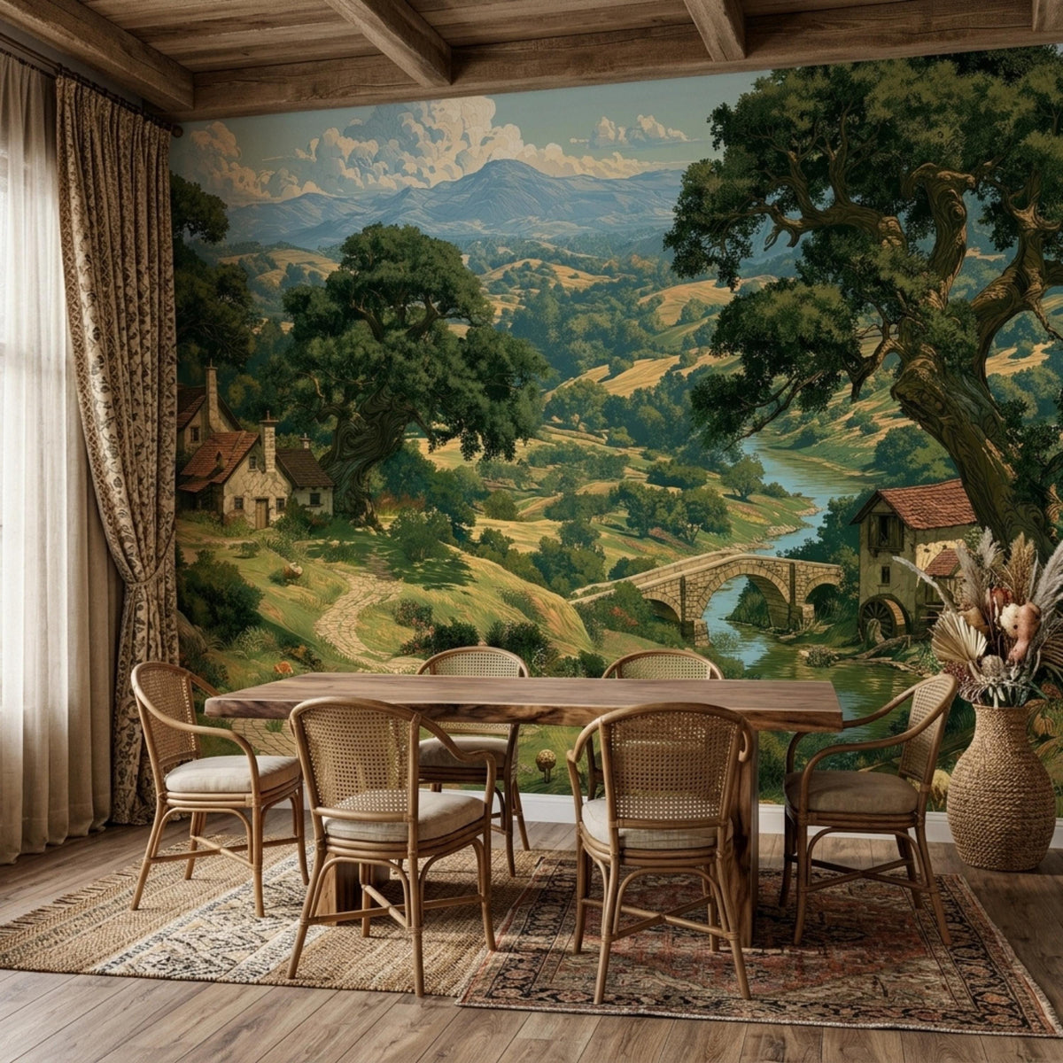 A dining room featuring a wooden table, four rattan chairs, and a landscape wallpaper mural.