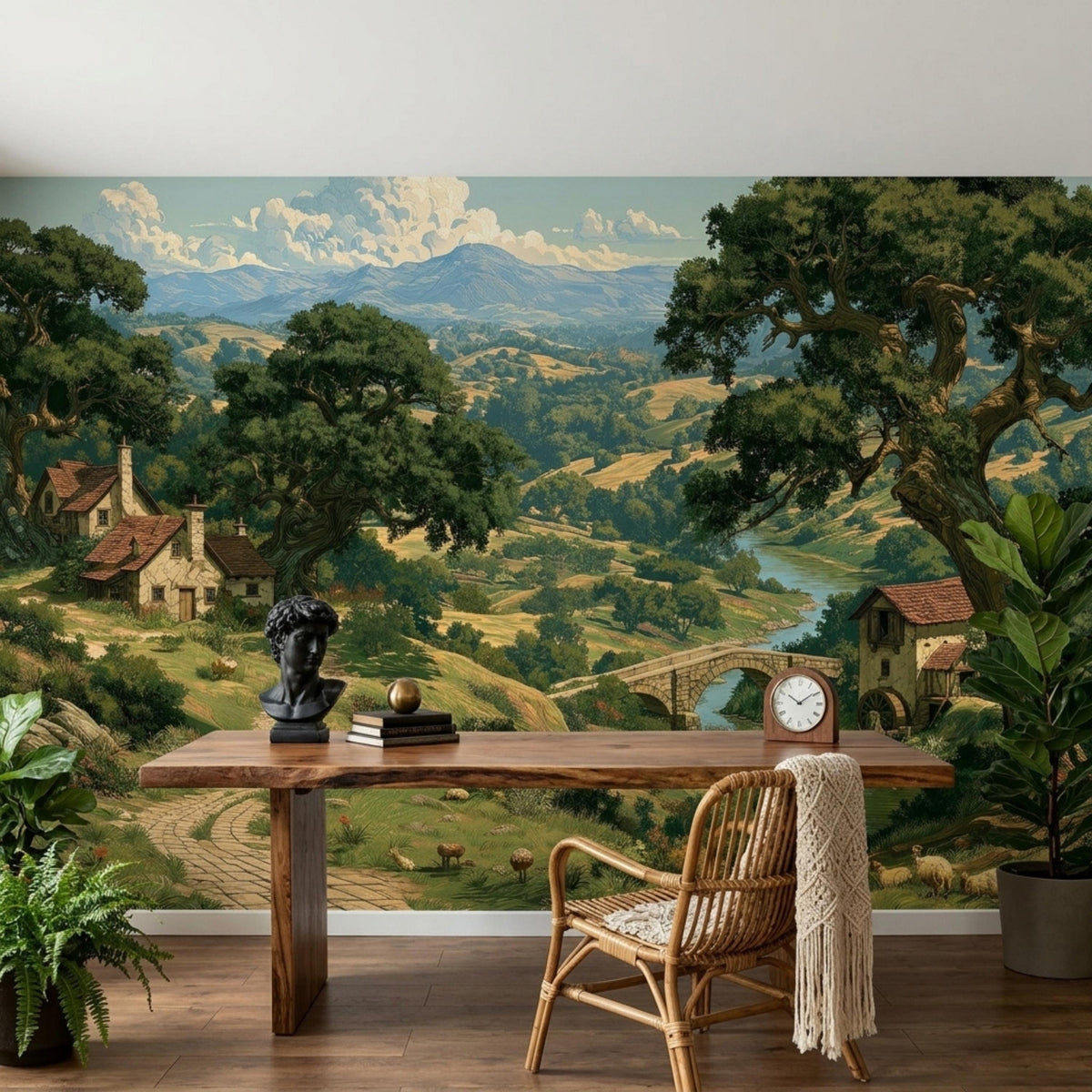 A wooden desk and a bust sculpture set against a scenic European countryside wall mural.