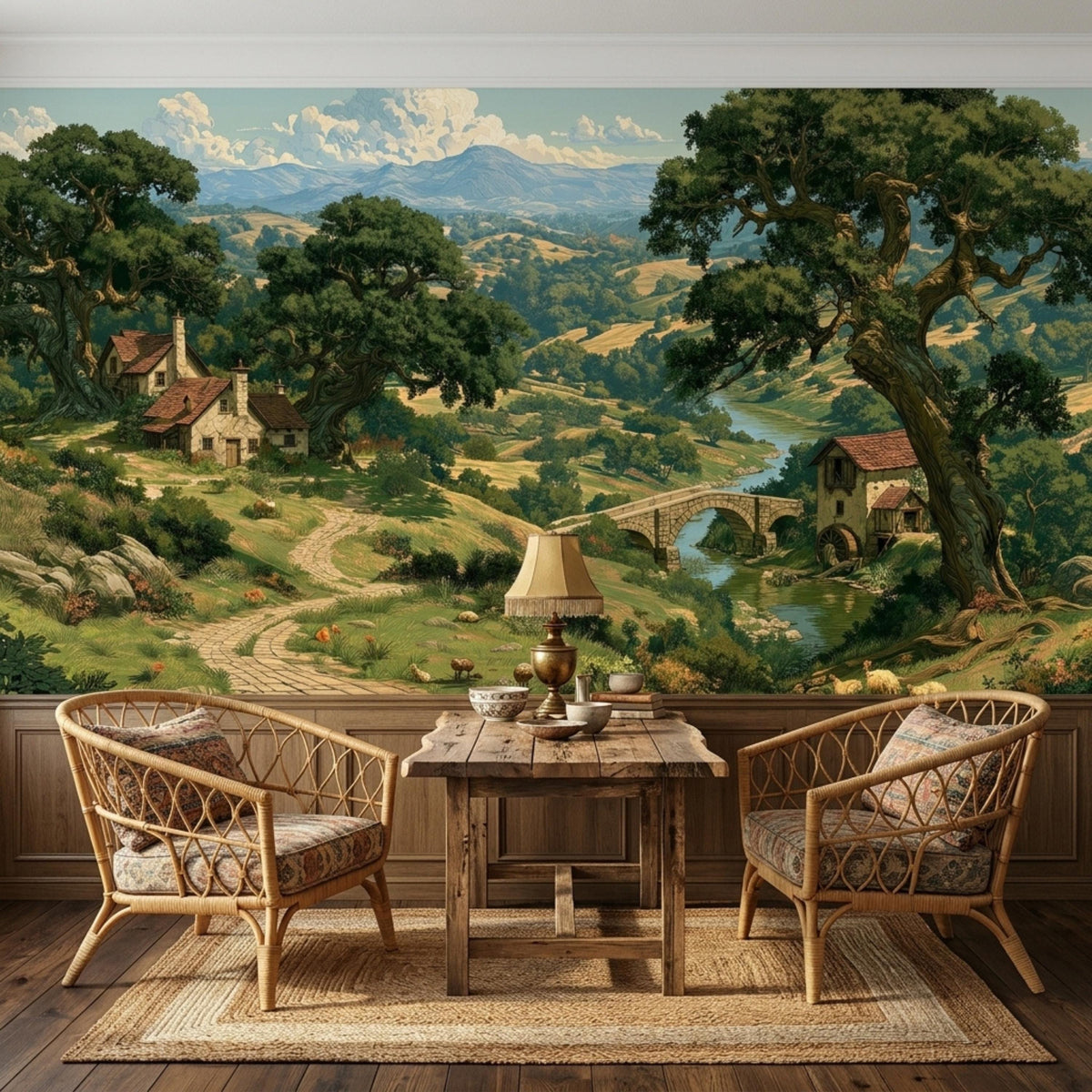 A small wooden table and two armchairs placed before a vintage landscape wallpaper mural.
