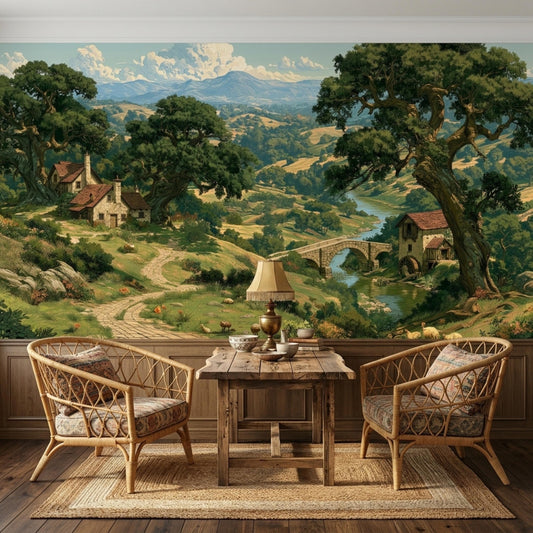 A small wooden table and two armchairs placed before a vintage landscape wallpaper mural.