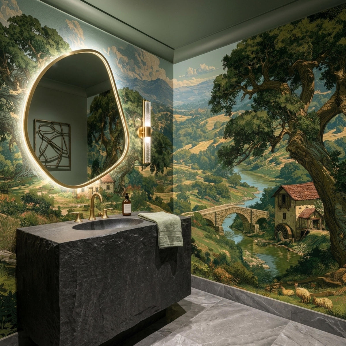 A dark stone sink vanity paired with an irregular backlit mirror against a vintage landscape wallpaper.
