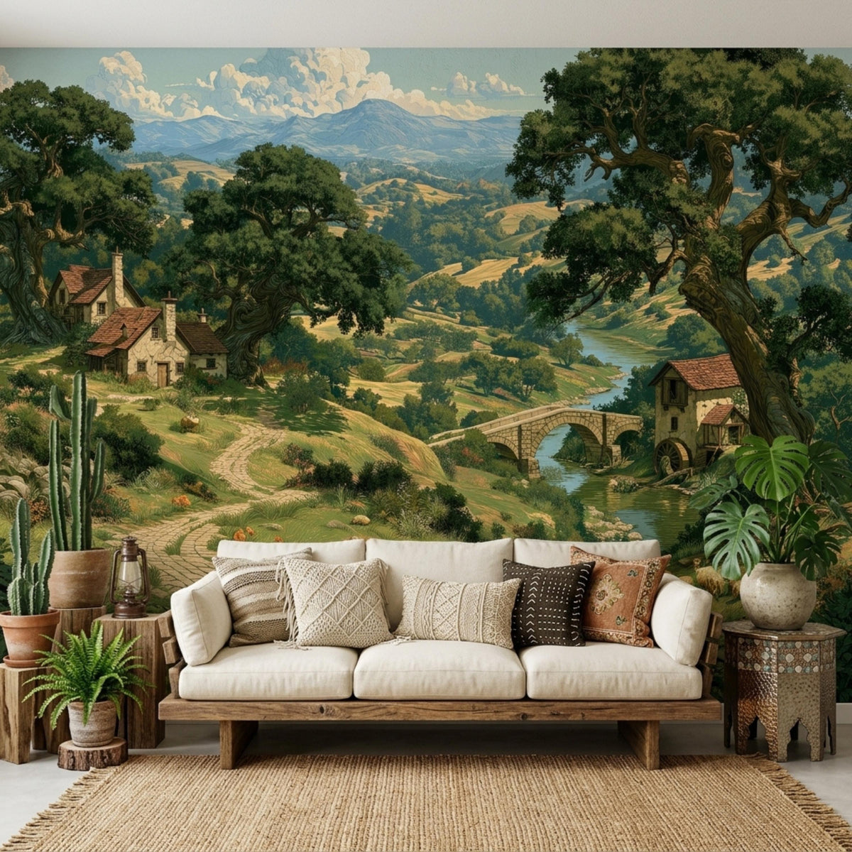 A light-colored sofa with decorative pillows is centered in front of a large-scale landscape wallpaper.
