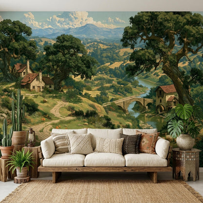 A light-colored sofa with decorative pillows is centered in front of a large-scale landscape wallpaper.