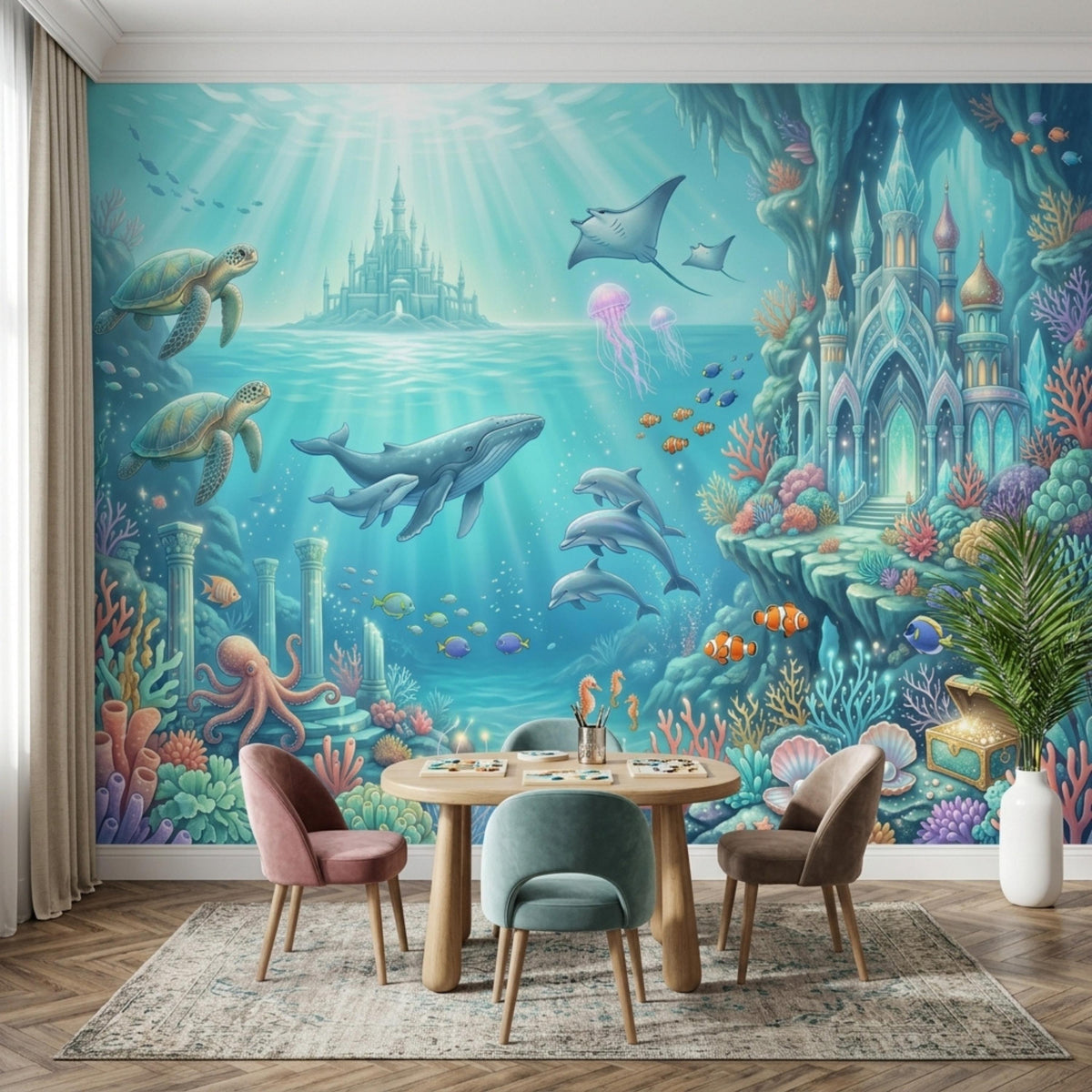 A dining space shows the underwater wall mural background with a wooden table, three colorful chairs, and a potted plant.