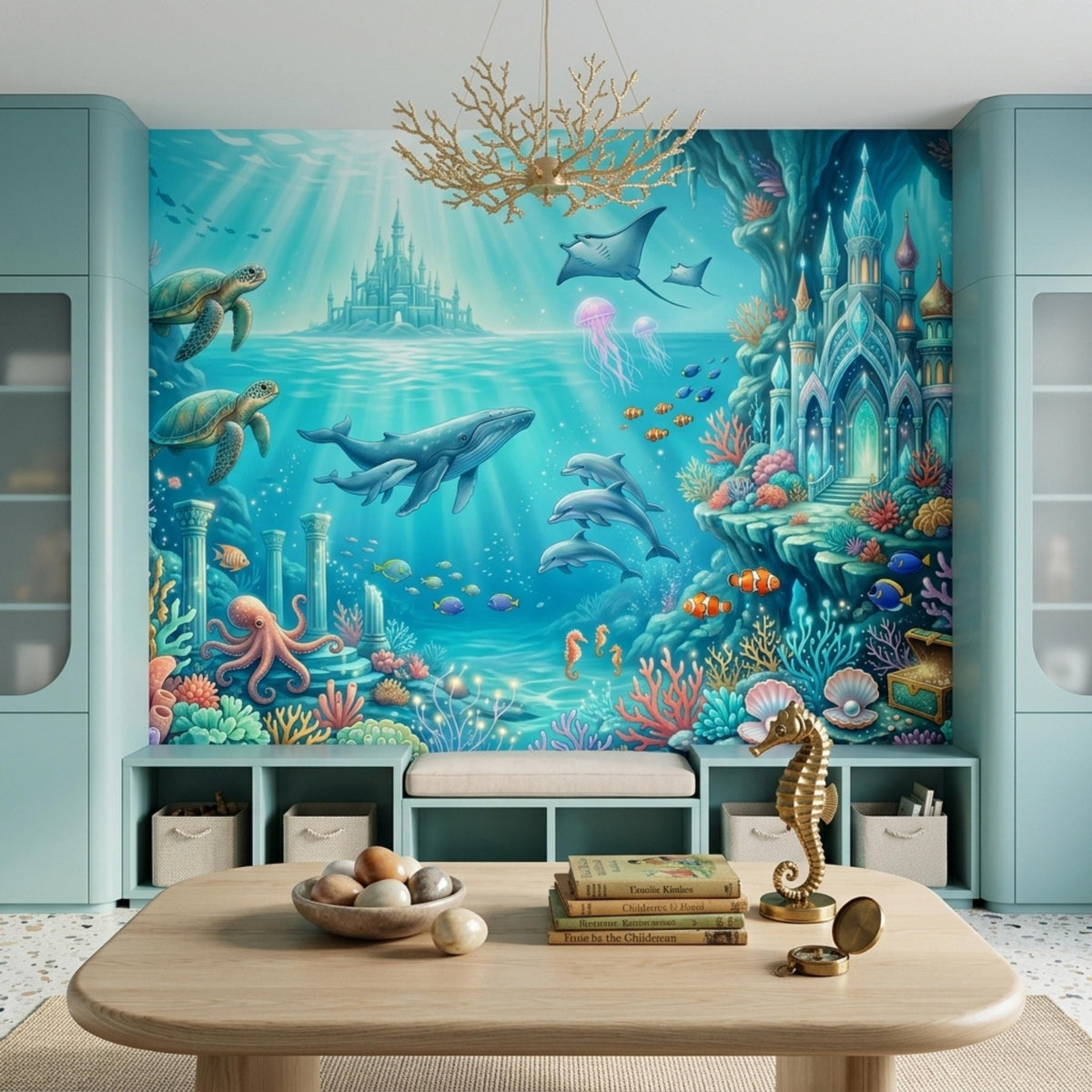 A living room setup displays the sea life wall mural between built-in cabinets, with a wooden coffee table and a brass seahorse figurine.