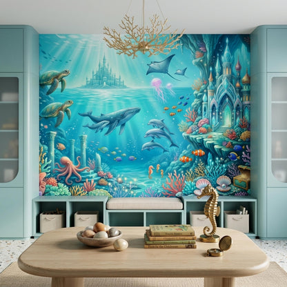 A living room setup displays the sea life wall mural between built-in cabinets, with a wooden coffee table and a brass seahorse figurine.