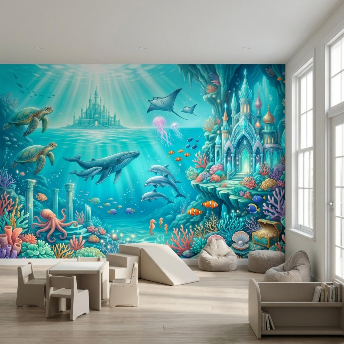 A bright playroom includes the oceanic wall mural, a small slide, bean bag chairs, and a children's table.