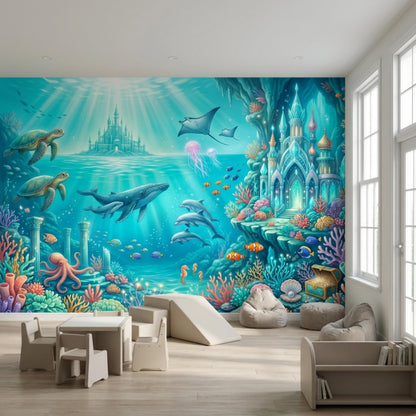 A bright playroom includes the oceanic wall mural, a small slide, bean bag chairs, and a children's table.