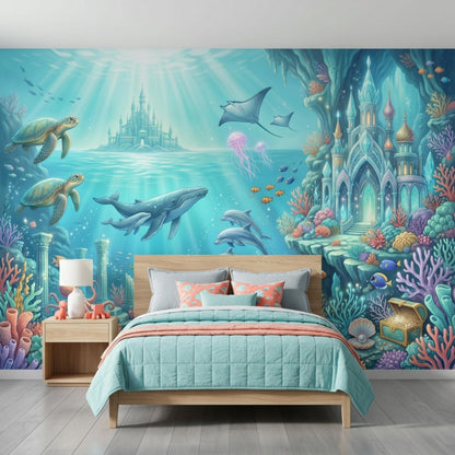 A bedroom showcases the magical underwater castle wall mural behind a bed with a light blue quilt and matching nightstand.
