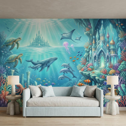 A living area features the ocean mural behind a gray sofa flanked by two lamps on stone-base end tables.