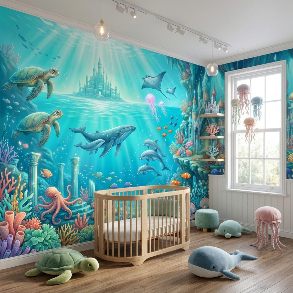 A nursery includes the vibrant marine wall mural, a light wood crib, floating shelves, and various sea creature plush toys.