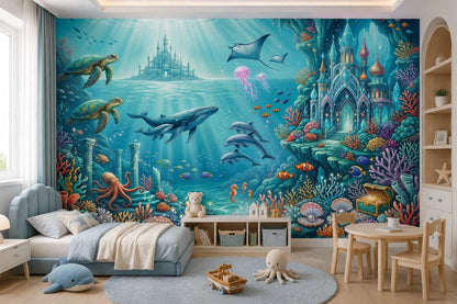 A child's bedroom features an expansive underwater wall mural with marine animals, a bed, and a small table and chairs.