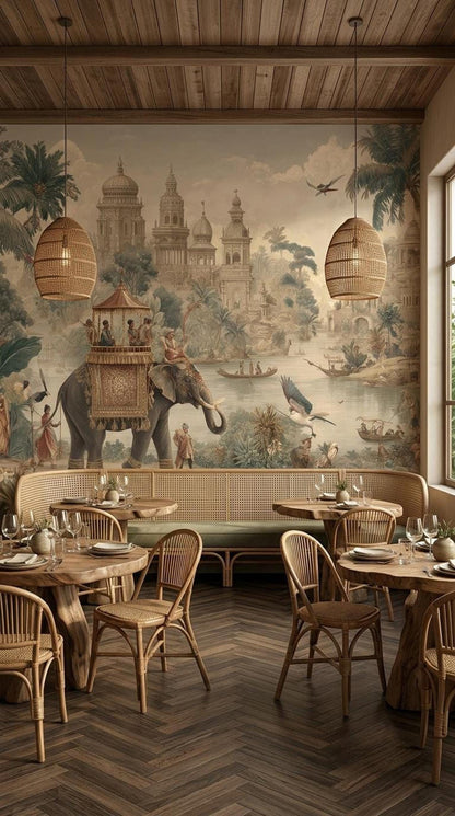 A restaurant dining room features a vintage Indian jungle mural depicting an elephant, palace, and tropical scenery behind wooden tables and chairs.