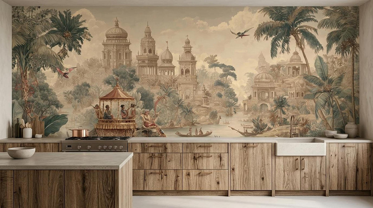A kitchen counter and wooden cabinets sit beneath a large-scale vintage wallpaper mural depicting Indian palace architecture and tropical trees.