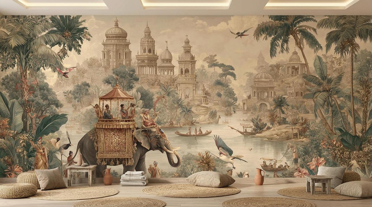 A full wall mural presents an antique Indian tropical scene with an elephant, palace buildings, and lush jungle foliage.