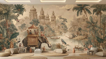 A full wall mural presents an antique Indian tropical scene with an elephant, palace buildings, and lush jungle foliage.