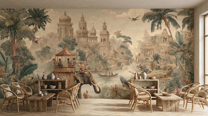 A cozy lounge area features rustic wooden furniture against a detailed wall mural of an Indian jungle and palace.