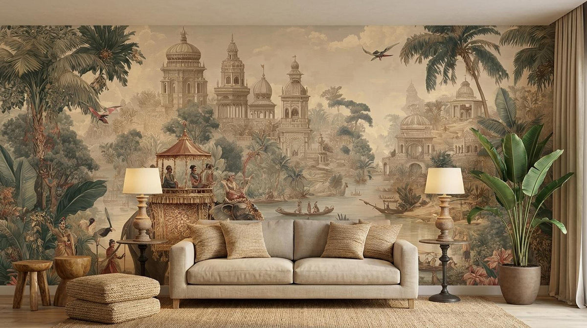 A living room setup showcases a light beige sofa with decorative pillows against a vintage Indian landscape mural with palatial ruins.