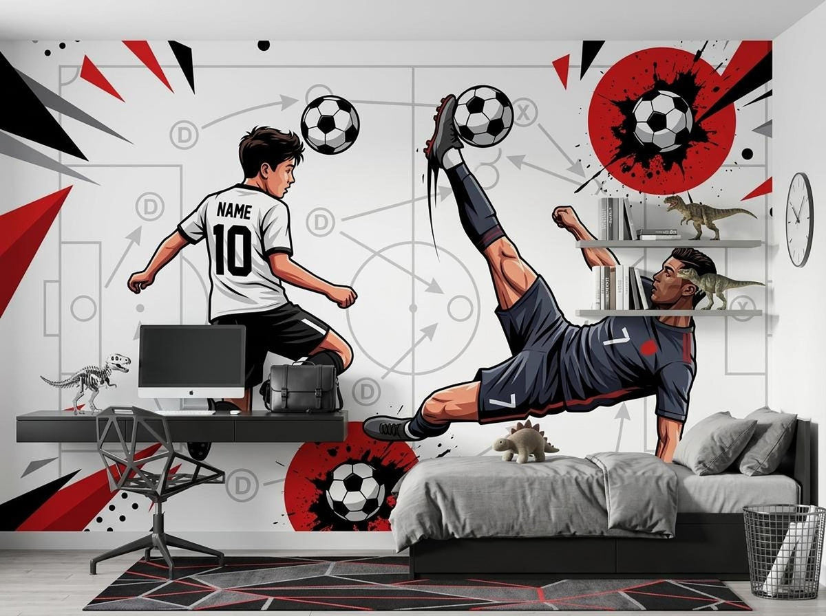 Child's bedroom setup with a desk, shelves holding dinosaur figurines, and a bed against a soccer action wall mural featuring tactical diagrams.