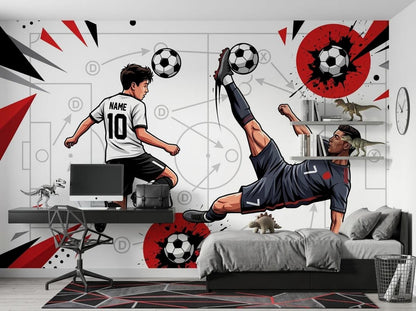 Child's bedroom setup with a desk, shelves holding dinosaur figurines, and a bed against a soccer action wall mural featuring tactical diagrams.