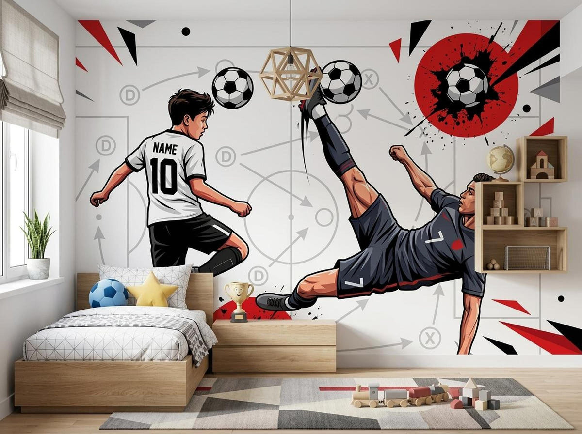 Bedroom featuring a low wooden bed, nightstand, and geometric shelving unit positioned against a soccer player wall mural with tactical lines.